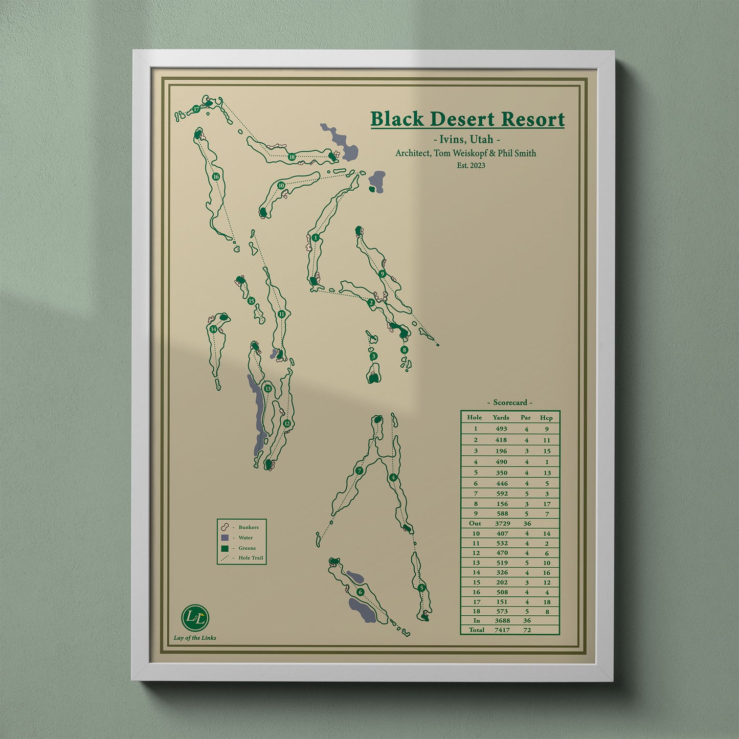 Black Desert Resort map print in a white frame, featuring the PGA Tour venue in Ivins, Utah.