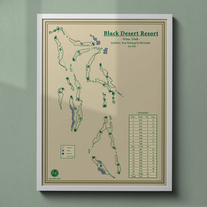 Black Desert Resort map print in a white frame, featuring the PGA Tour venue in Ivins, Utah.