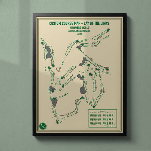 Framed custom golf course map by lay of the links - blueprint series