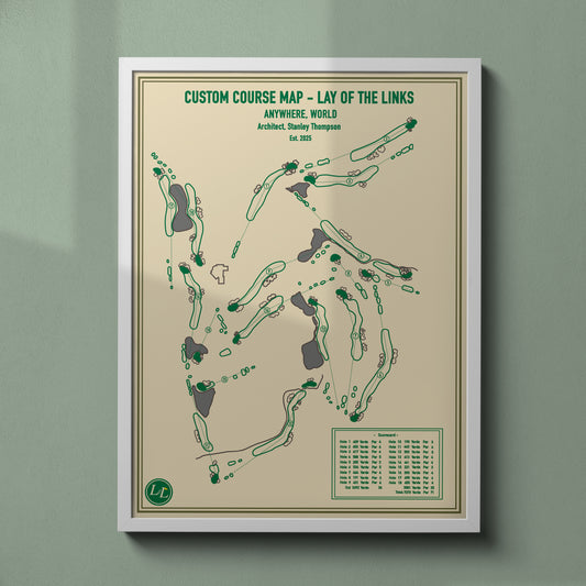 Framed custom golf course map by lay of the links - blueprint series