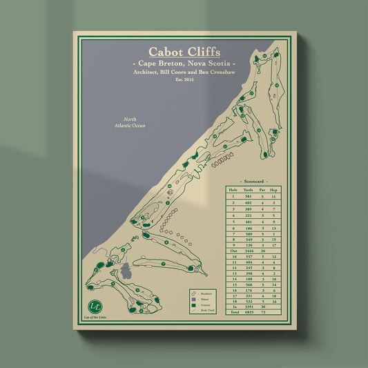 Cabot Cliffs course map poster print showing the full routing and the famous cliffside 16th hole.
