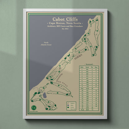 Cabot Cliffs map print in a white frame, featuring the #1 ranked course in Canada in Inverness, Nova Scotia.