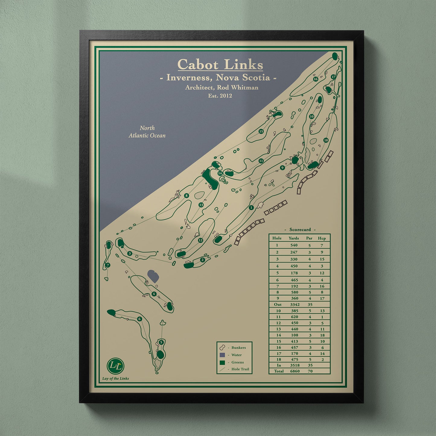 Framed Cabot Links map in a black wood frame showing the Rod Whitman design and town of Inverness.