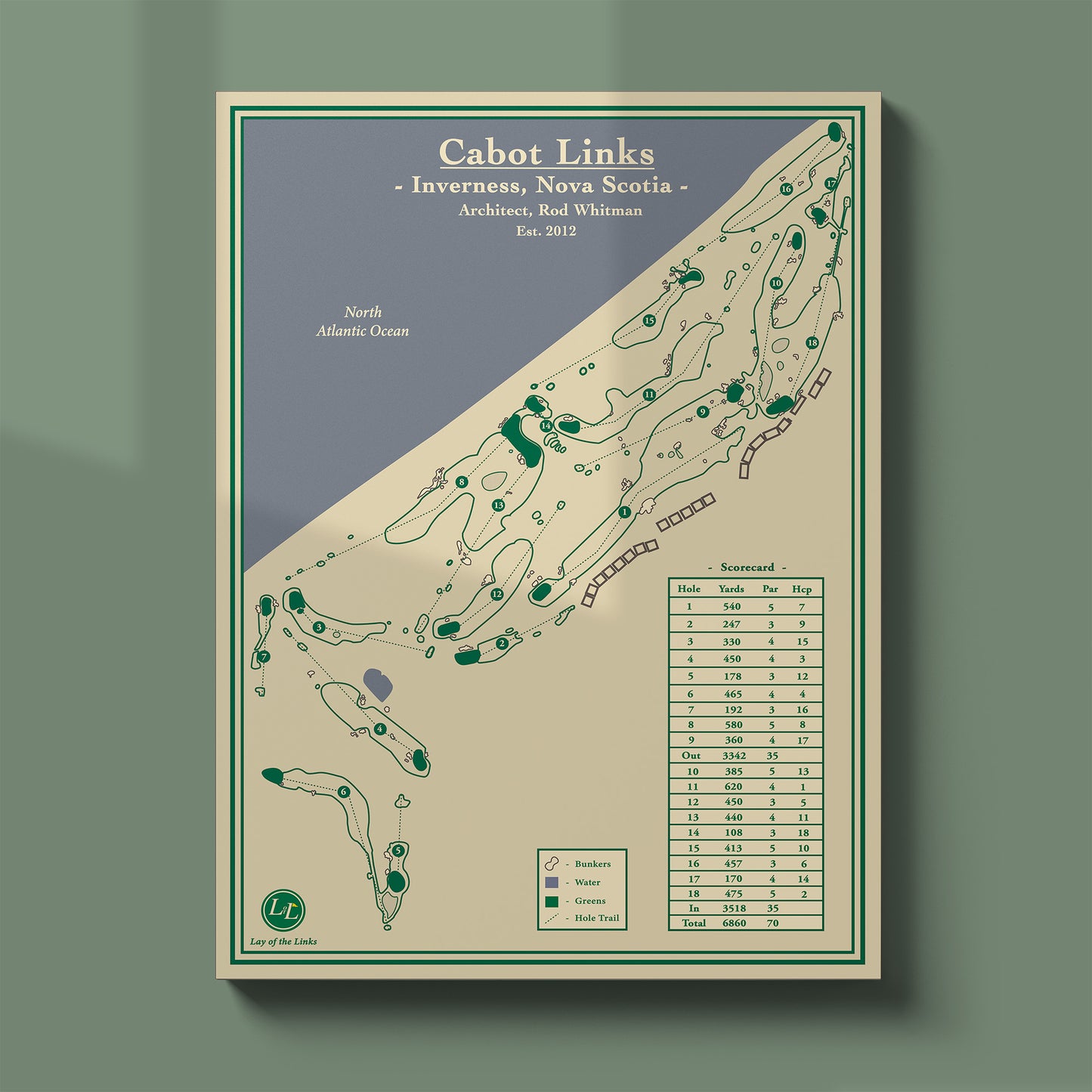 Cabot Links course map poster print showing the routing along the Gulf of St. Lawrence.