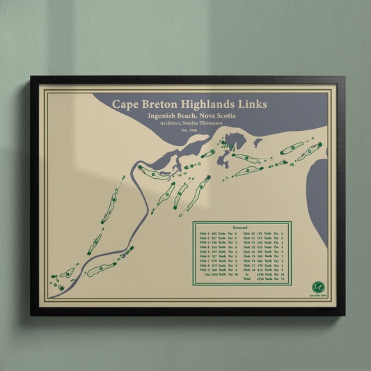 Framed Cape Breton Highlands Links map in a black wood frame showing Stanley Thompson's masterpiece.