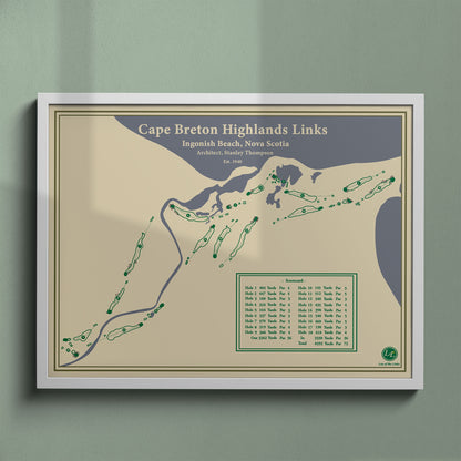 Cape Breton Highlands Links map print in a white frame, featuring the famous "Mountains and Ocean" layout in Nova Scotia.