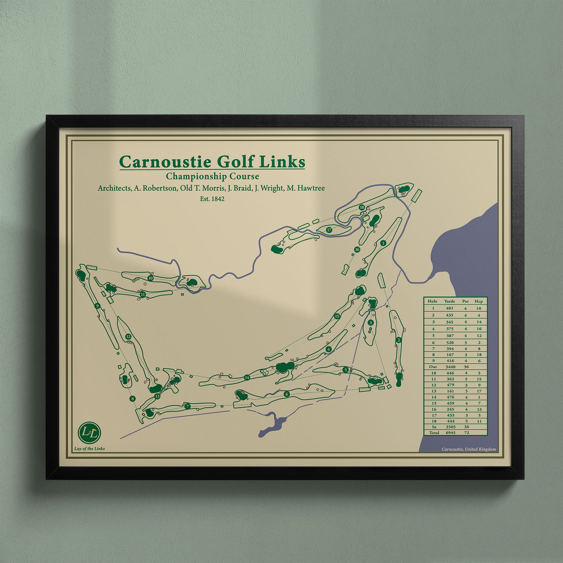 Framed Carnoustie Golf Links map in a black wood frame showing the "Car-nasty" layout and Barry Burn hazards.