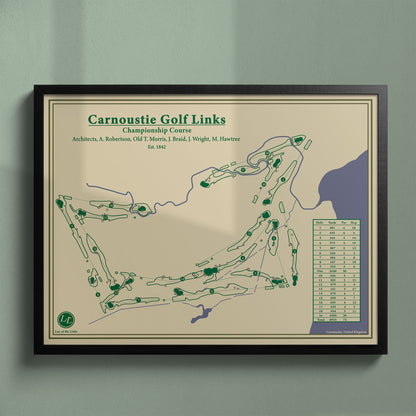 Framed Carnoustie Golf Links map in a black wood frame showing the "Car-nasty" layout and Barry Burn hazards.