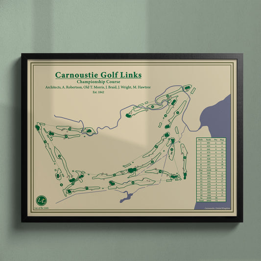 Framed Carnoustie Golf Links map in a black wood frame showing the "Car-nasty" layout and Barry Burn hazards.
