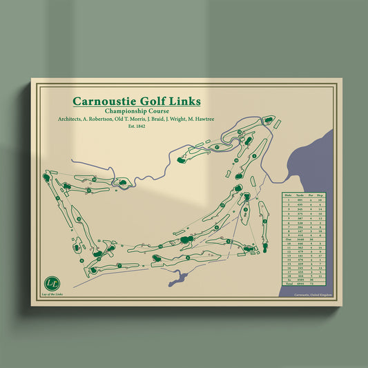 Carnoustie course map poster print showing the full 18 hole routing and famous closing holes.