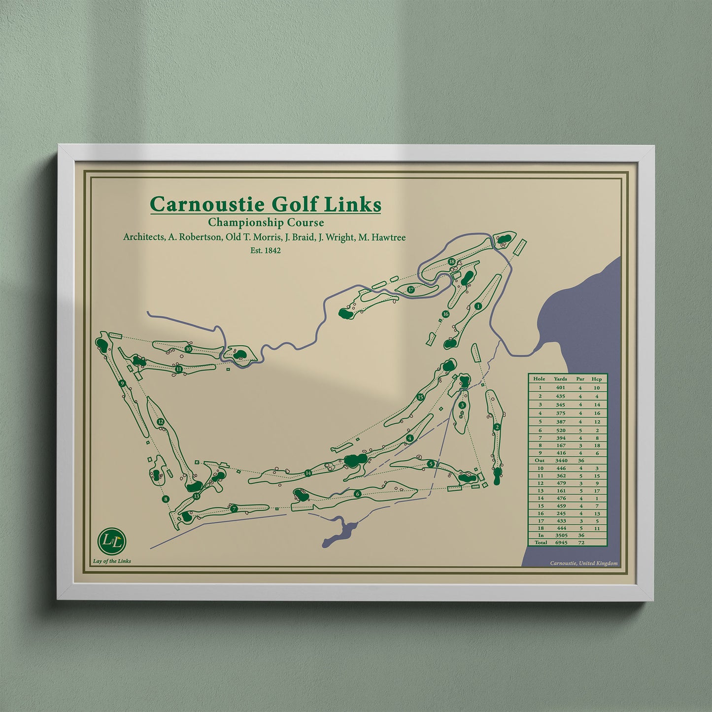 Carnoustie Championship Course map print in a white frame, featuring the historic Open Championship venue in Angus.