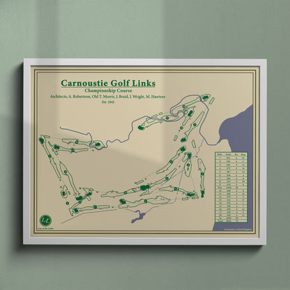 Carnoustie Championship Course map print in a white frame, featuring the historic Open Championship venue in Angus.