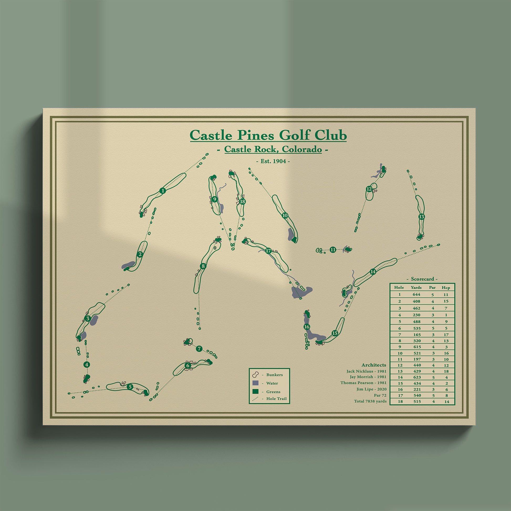 Castle Pines Course Map Poster print showing the full routing winding through the pine forests