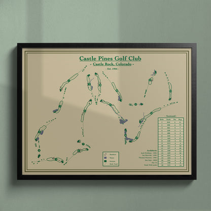 Castle Pines Golf Club Map in a black wood frame showing the mountain routing and elevation changes.