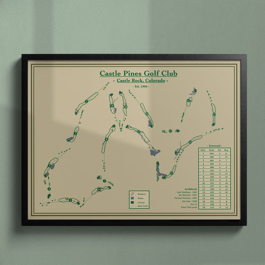 Castle Pines Golf Club Map in a black wood frame showing the mountain routing and elevation changes.