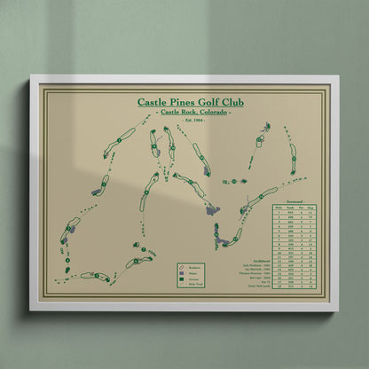 Castle Pines map print in a white frame, featuring the Jack Nicklaus signature course in Castle Rock, Colorado