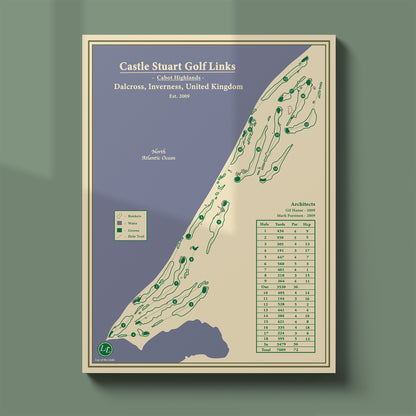 Unframed Castle Stuart course map poster print showing the routing, infinity greens, and famous Art Deco clubhouse.