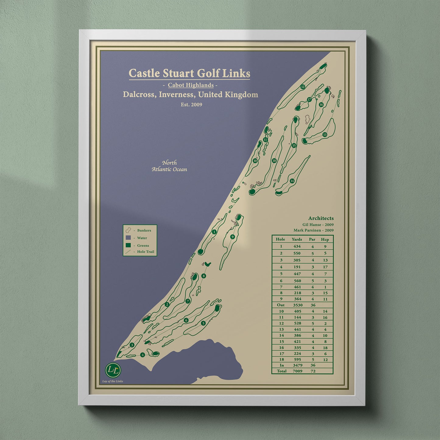 Castle Stuart Golf Links map print in a white frame, featuring the premier course at Cabot Highlands in Inverness.