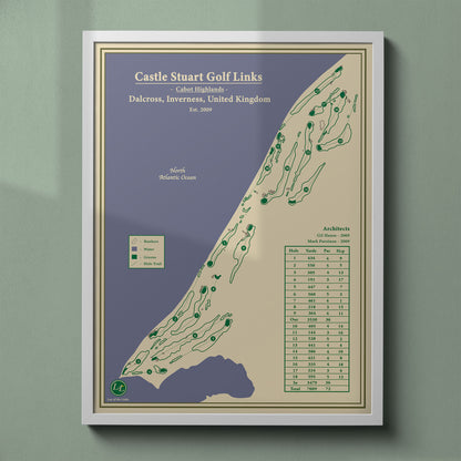 Castle Stuart Golf Links map print in a white frame, featuring the premier course at Cabot Highlands in Inverness.