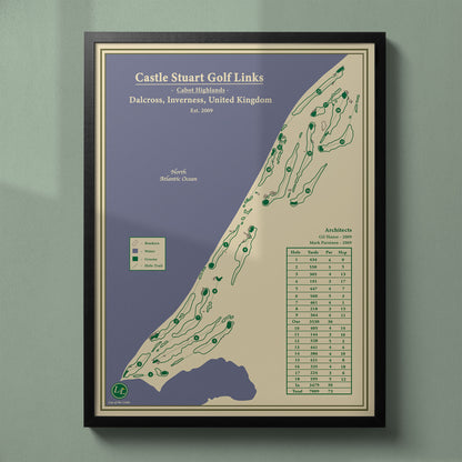 Framed Castle Stuart Golf Links map in a black wood frame showing the Gil Hanse design and Moray Firth views.