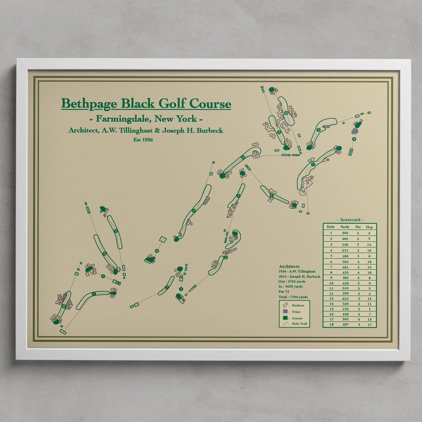 Framed map of Bethpage Black Golf Course on a beige background