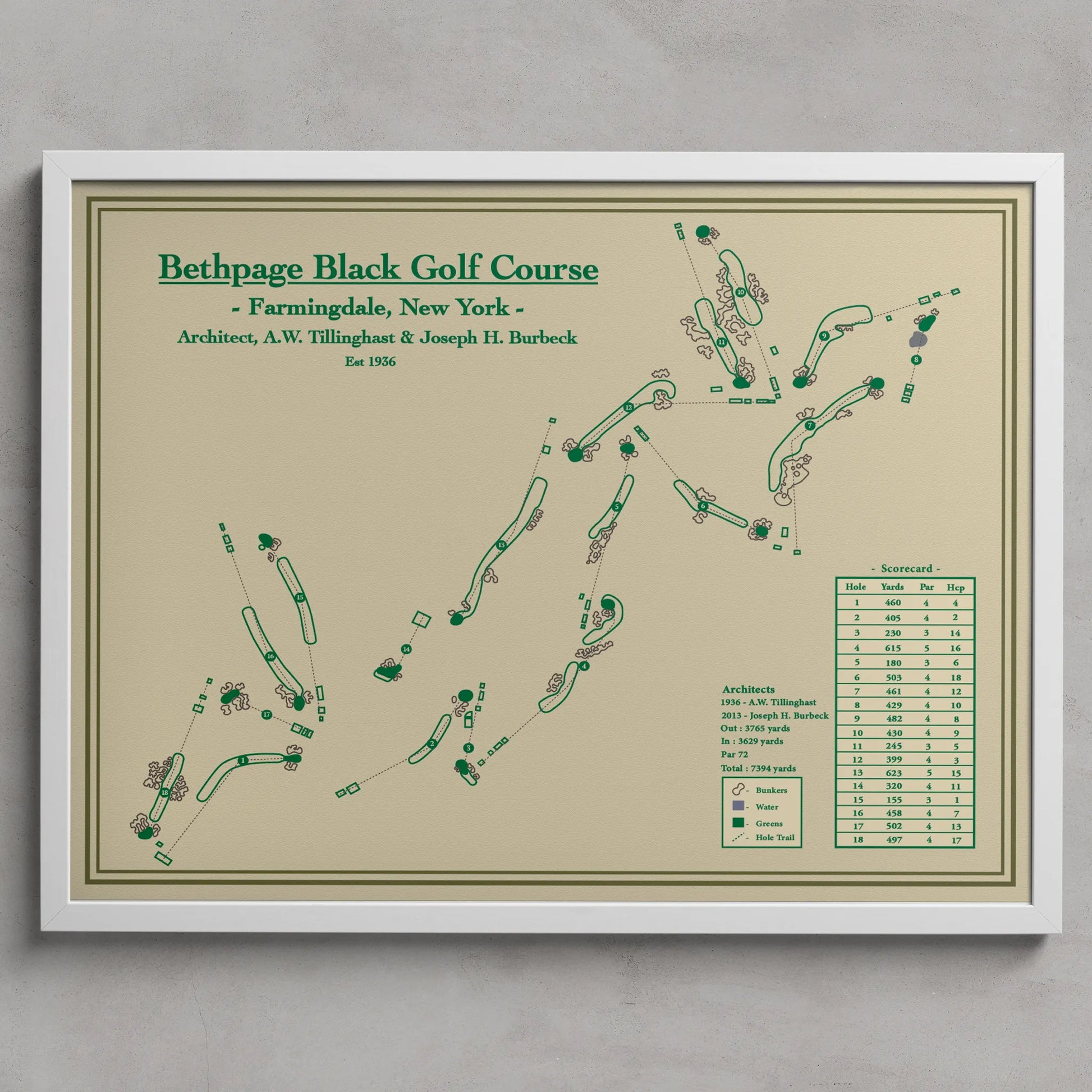 Framed map of Bethpage Black Golf Course on a beige background