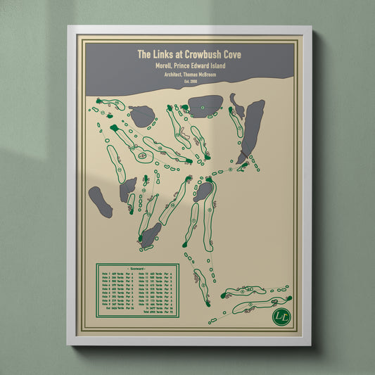 Framed map of The Links at Crowbush Cove golf course - White Frame - Blueprint Series