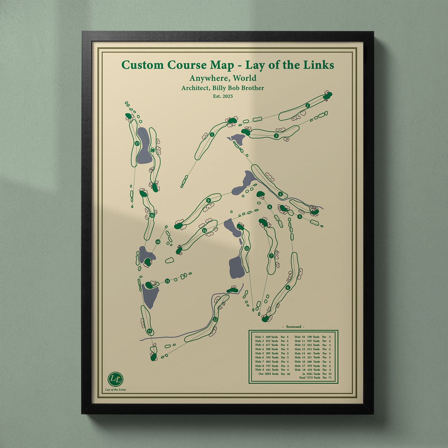 Framed custom golf course map in a black wood frame, showing a personalized layout of a client's home club.