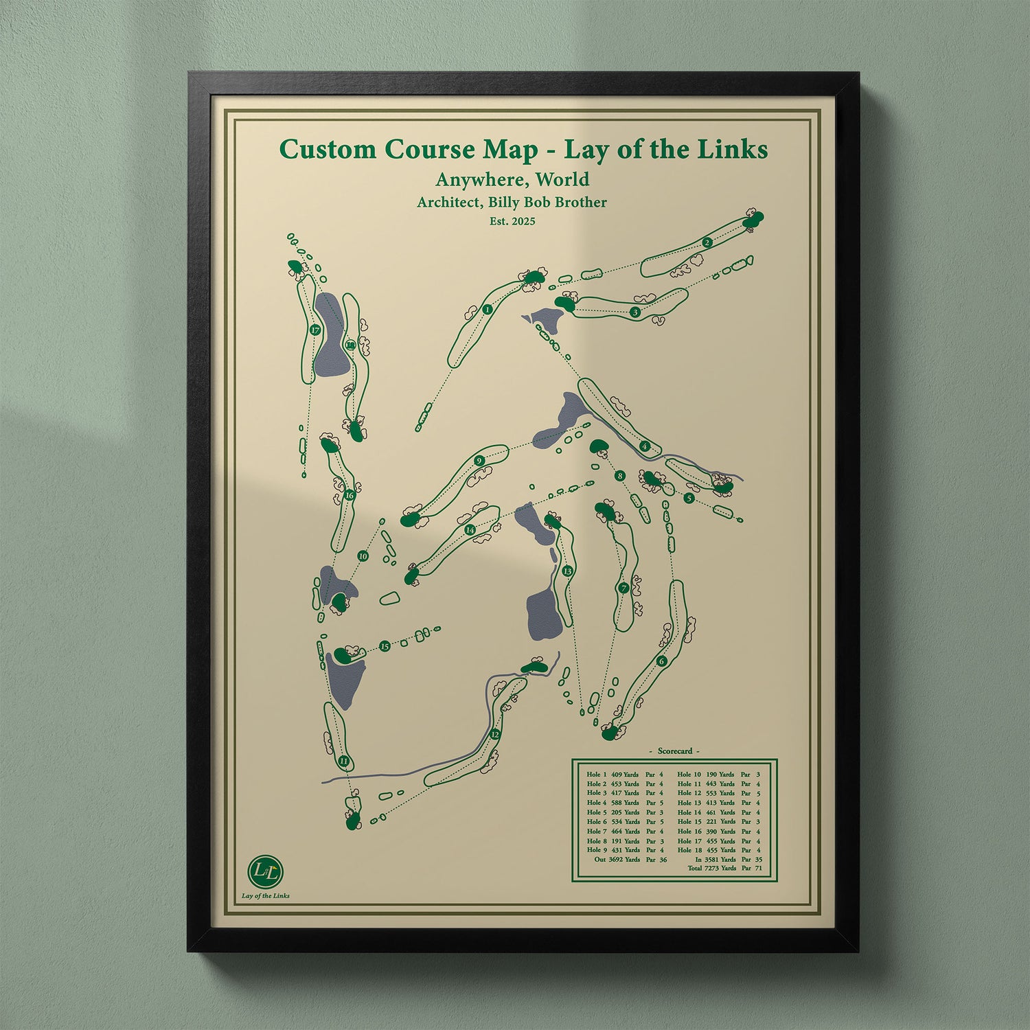 Framed custom golf course map in a black wood frame, showing a personalized layout of a client's home club.