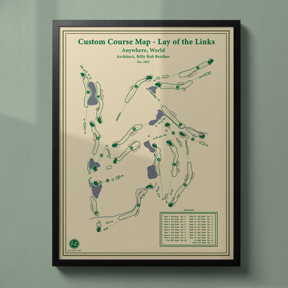 Framed custom golf course map in a black wood frame, showing a personalized layout of a client's home club.