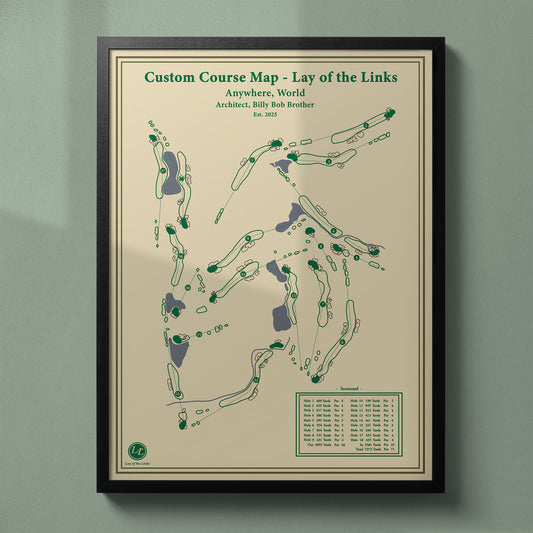 Framed custom golf course map in a black wood frame, showing a personalized layout of a client's home club.