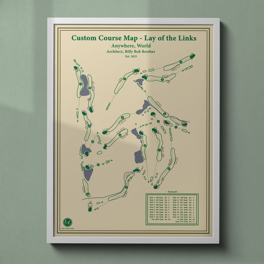 Custom golf course map print in a white frame, the perfect personalized gift for Father's Day or retirement.