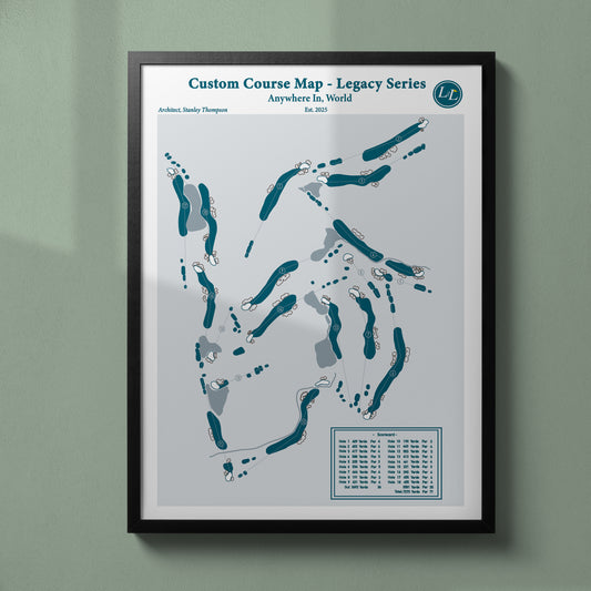 Framed custom golf course map by lay of the links - legacy series