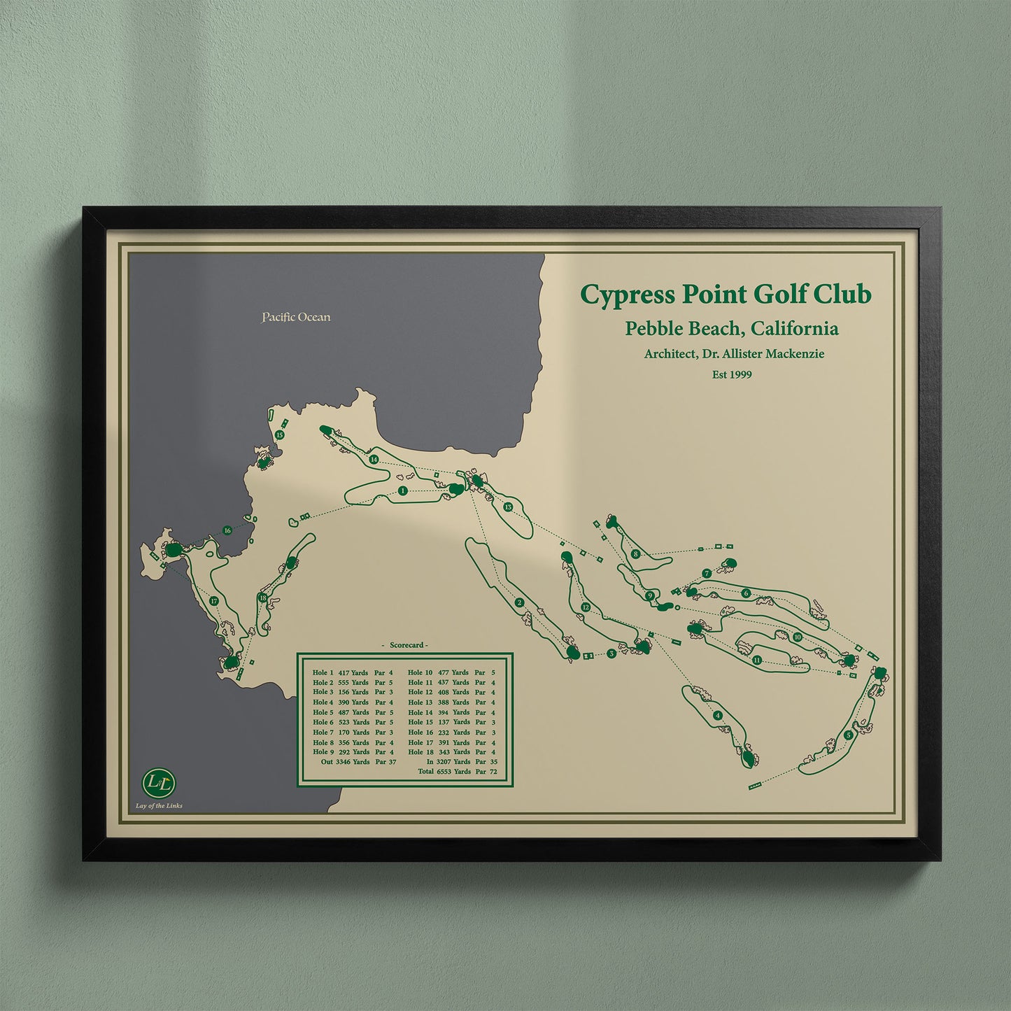 Framed Cypress Point Club map in a black wood frame showing the Alister MacKenzie masterpiece design.