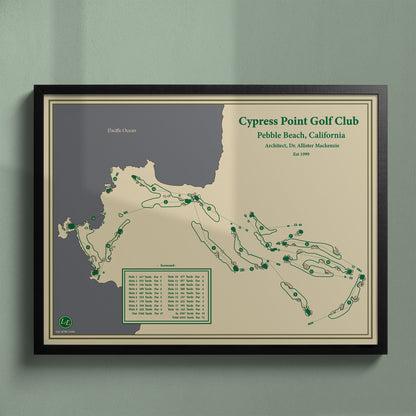 Framed Cypress Point Club map in a black wood frame showing the Alister MacKenzie masterpiece design.