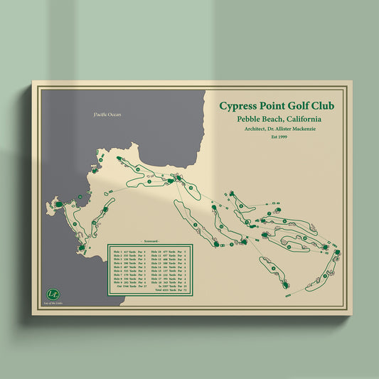 Unframed Cypress Point course map poster print showing the dramatic routing through the Del Monte Forest and dunes.