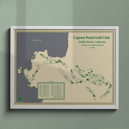 Cypress Point golf course map print in a white frame, featuring the legendary layout and famous 16th hole over the Pacific.