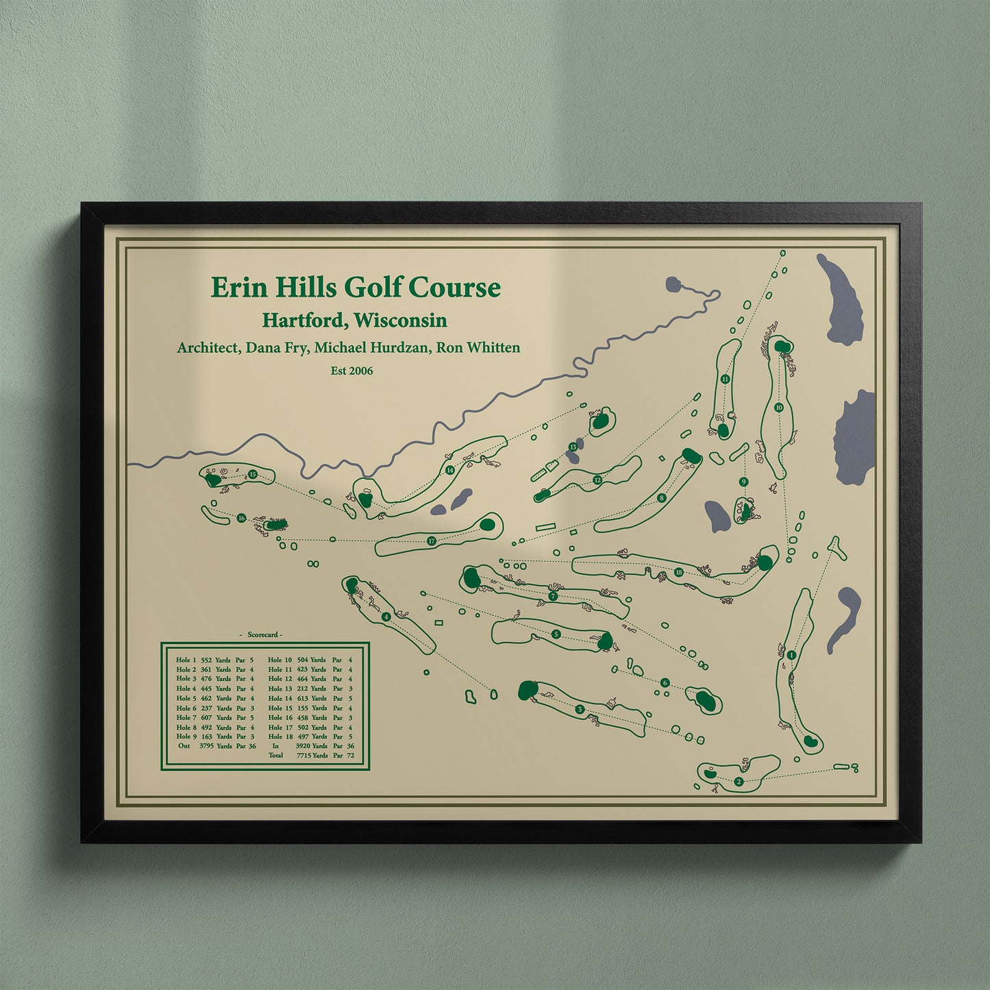 Framed Erin Hills golf course map in a black wood frame showing the massive 2017 U.S. Open layout.