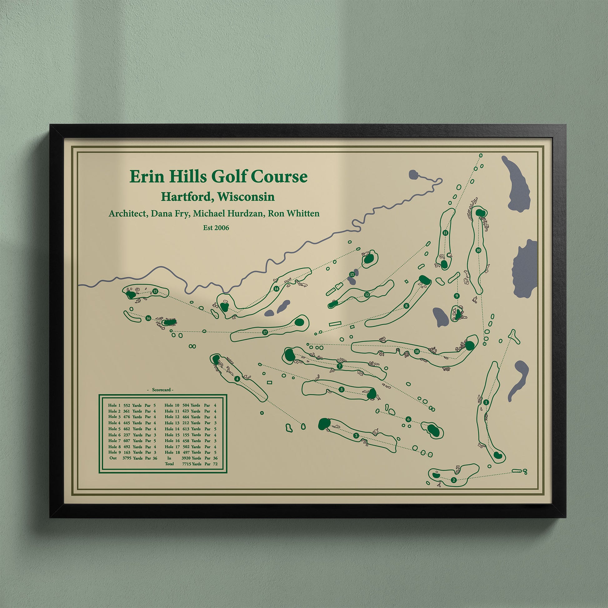 Framed Erin Hills golf course map in a black wood frame showing the massive 2017 U.S. Open layout.