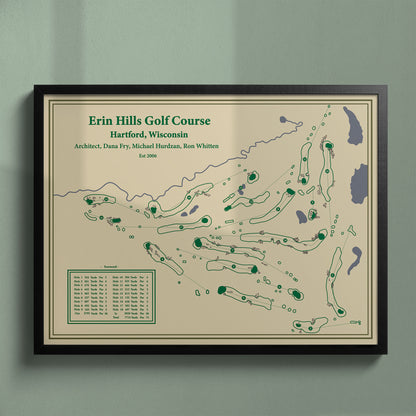 Framed Erin Hills golf course map in a black wood frame showing the massive 2017 U.S. Open layout.