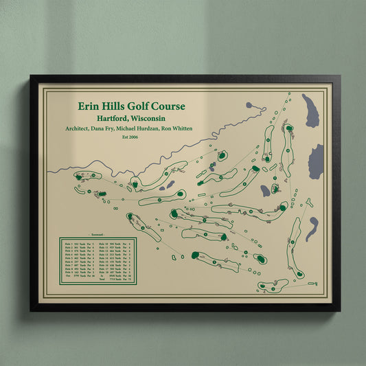 Framed Erin Hills golf course map in a black wood frame showing the massive 2017 U.S. Open layout.