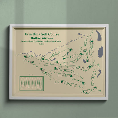 Erin Hills golf course map print in a white frame, featuring the fescue-lined fairways of the Kettle Moraine.