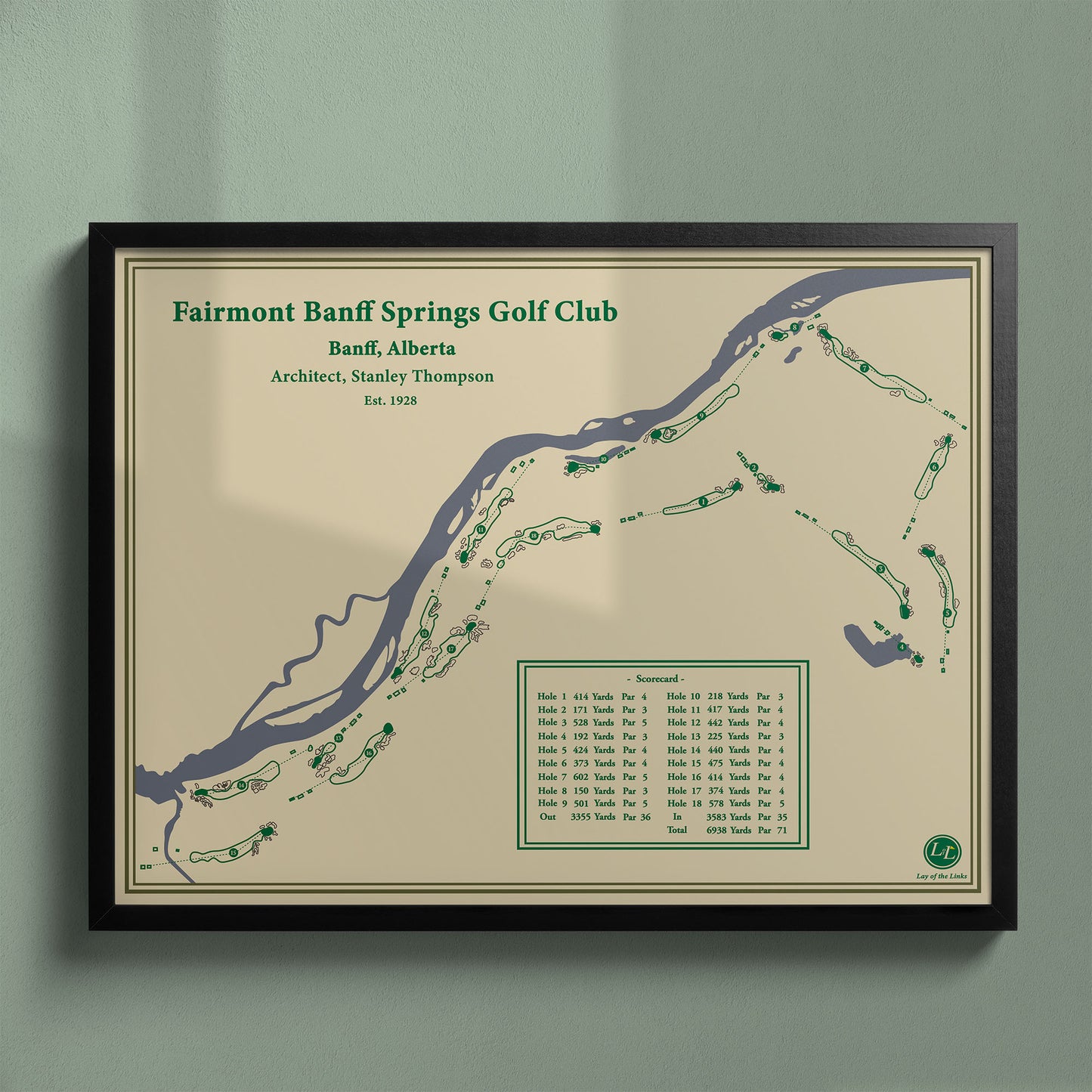 Framed Fairmont Banff Springs golf course map in a black wood frame showing the historic Stanley Thompson design.