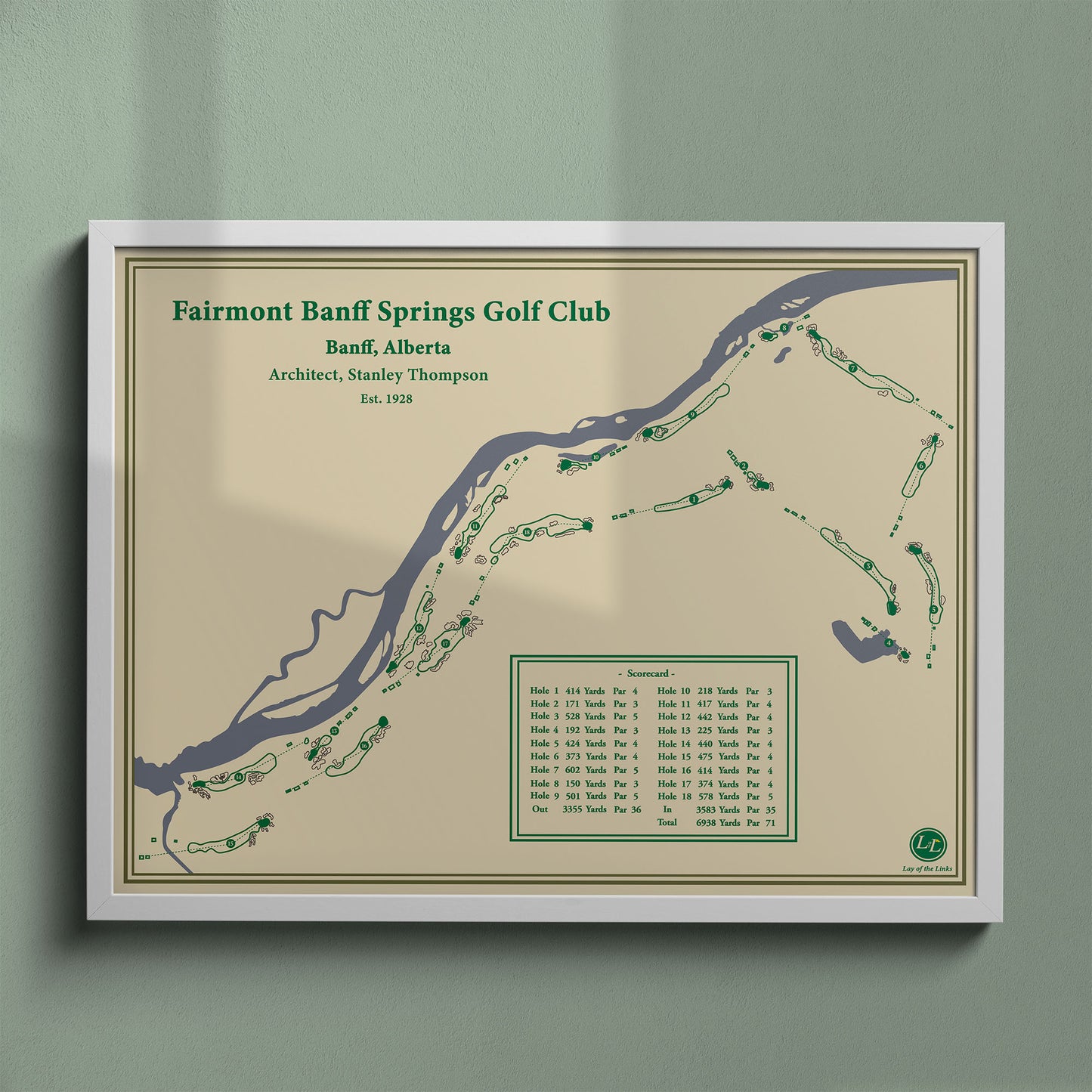 Fairmont Banff Springs golf course map print in a white frame, featuring the "Castle in the Rockies" setting.