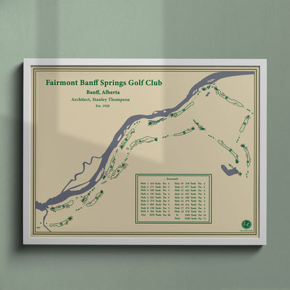 Fairmont Banff Springs golf course map print in a white frame, featuring the "Castle in the Rockies" setting.