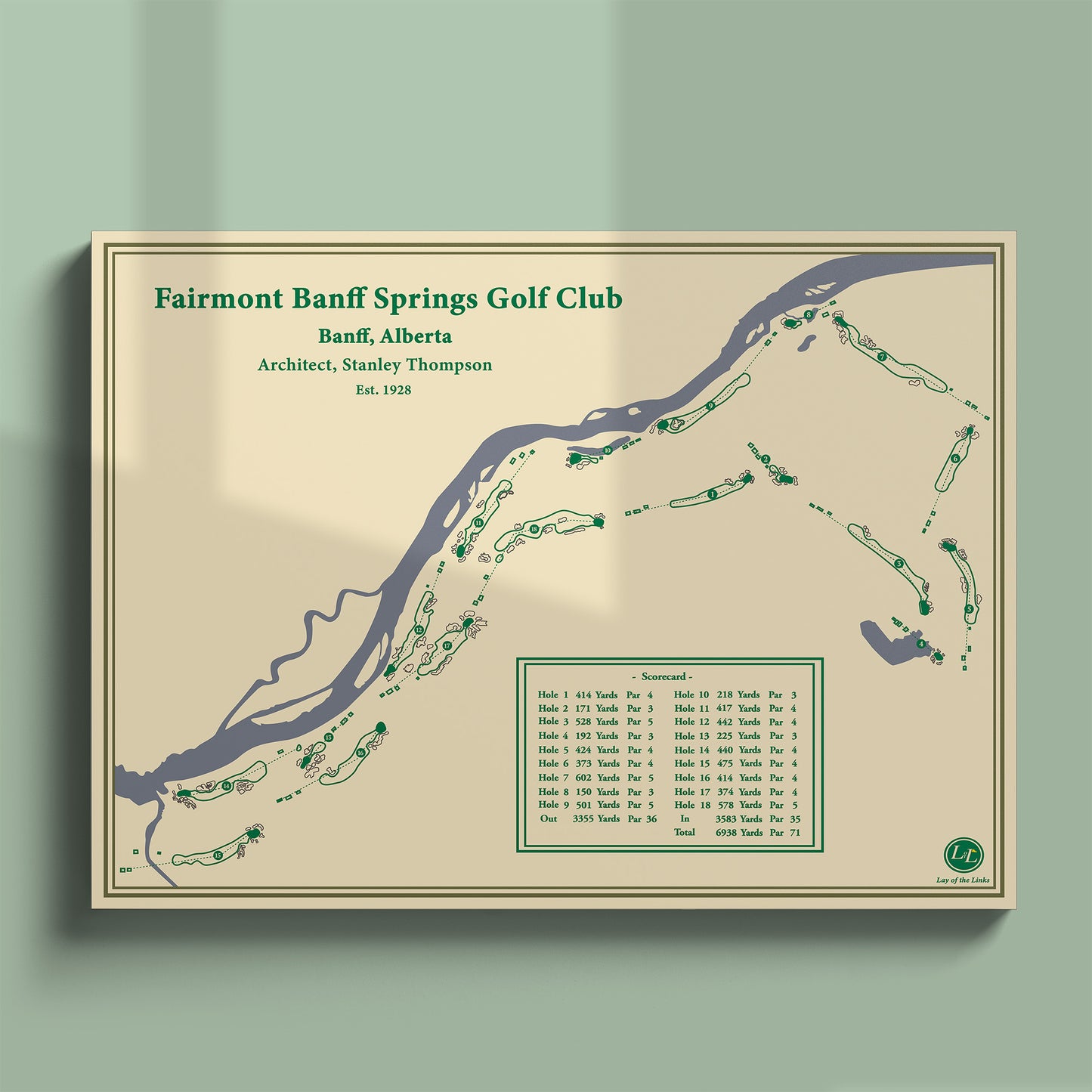Unframed Fairmont Banff Springs course map poster print showing the Bow River layout and famous Devil's Cauldron hole.