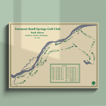 Unframed Fairmont Banff Springs course map poster print showing the Bow River layout and famous Devil's Cauldron hole.