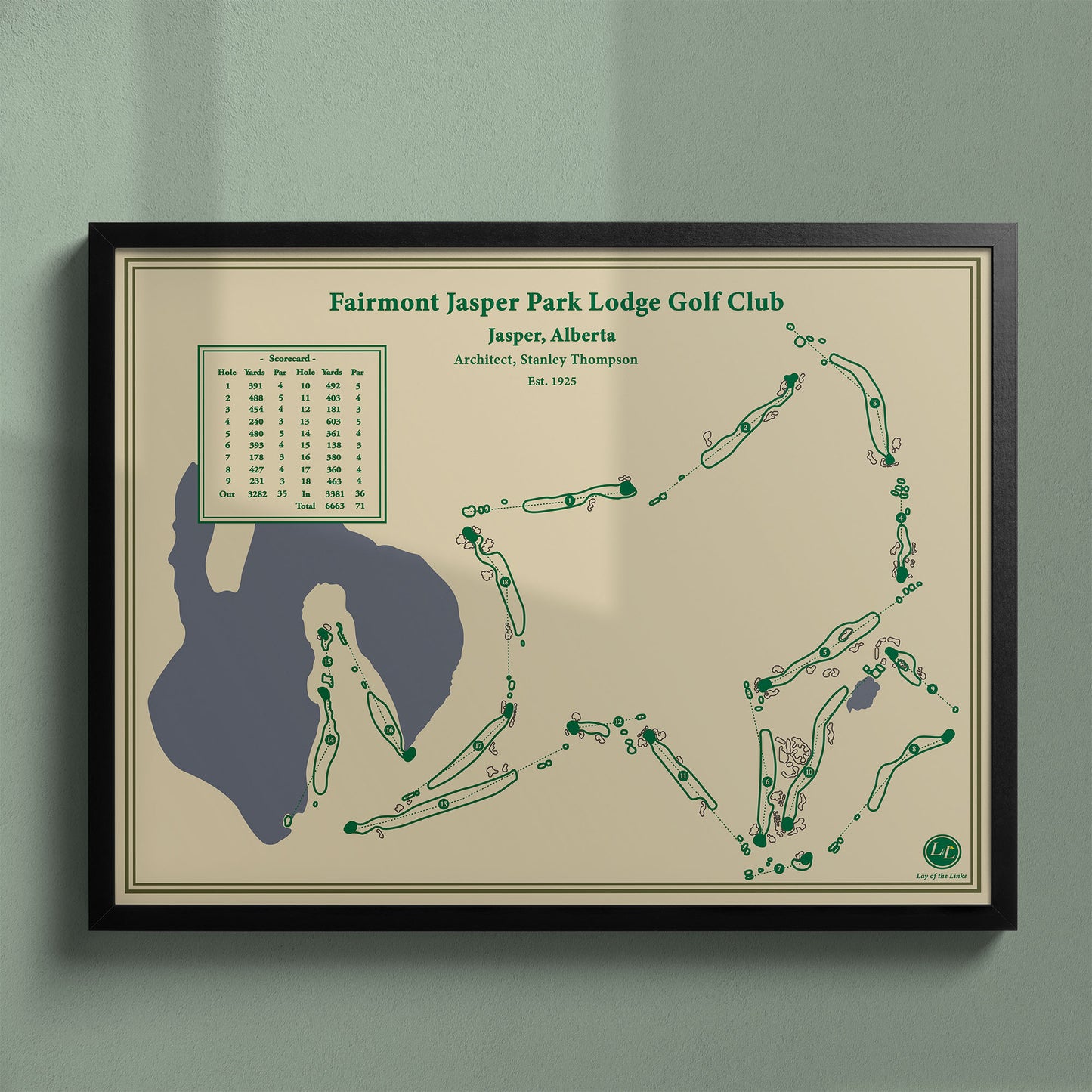 Framed Fairmont Jasper Park Lodge map in a black wood frame showing the masterpiece Stanley Thompson design.