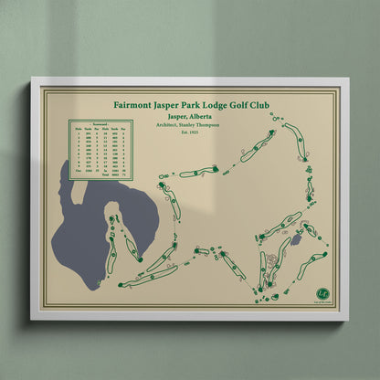 Fairmont Jasper Park Lodge golf course map print in a white frame, featuring the stunning Jasper National Park setting.