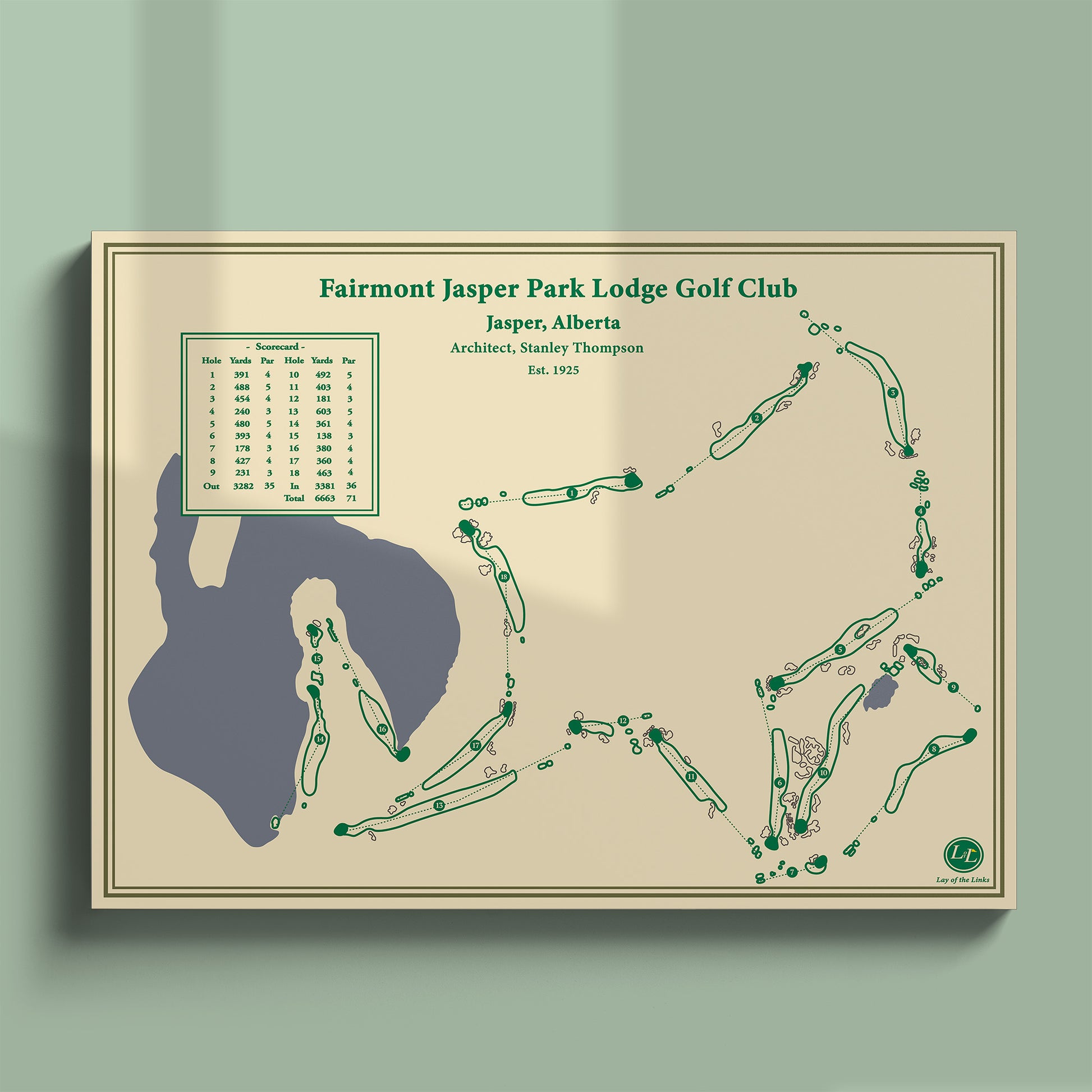 Unframed Fairmont Jasper Park Lodge course map poster print showing the routing around Lac Beauvert.